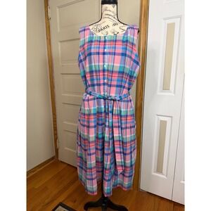 TALBOTS Womens 14 Plaid Cotton Button Front Belted Sleeveless Dress Preppy